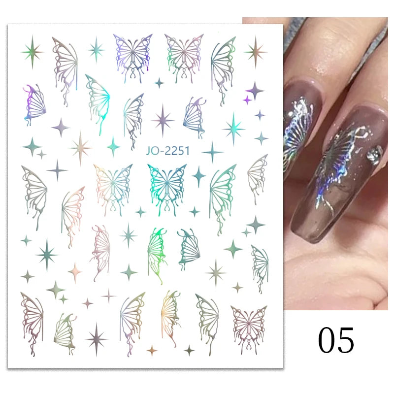 1PCS Schwarz Weiß Schmetterling Laser Nagel Aufkleber Y2K Nail art Dekoration Abstrakte Linien Bronzing Blumen Aufkleber Für Nägel