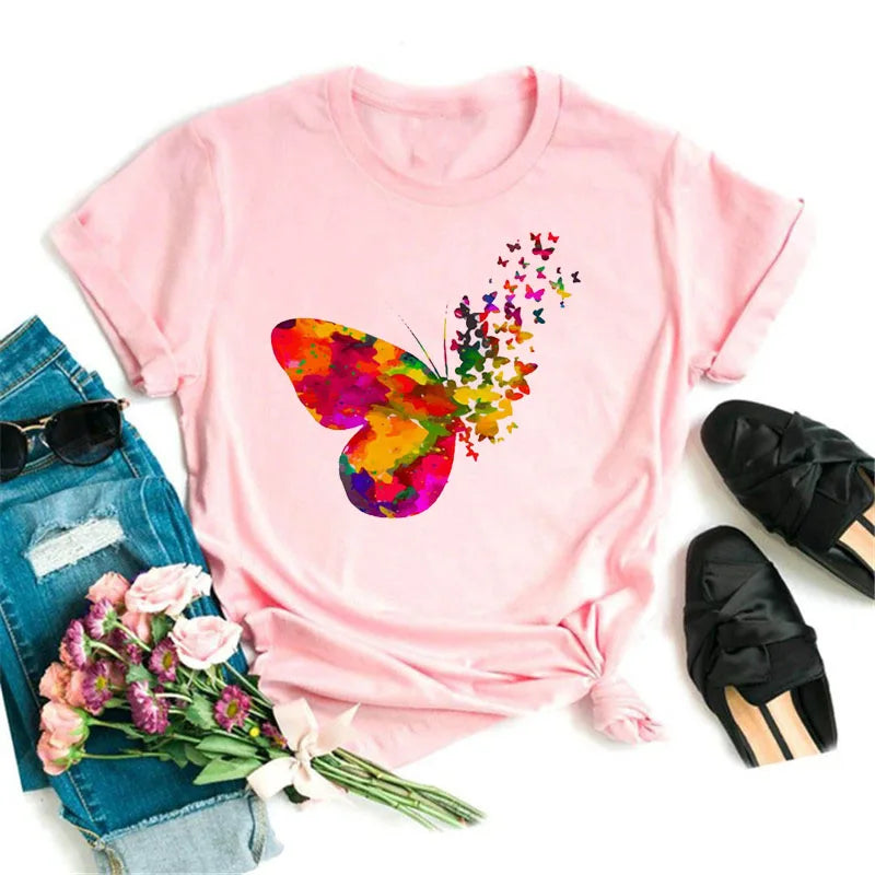 Neue blaue Schmetterling Blumen gedruckt T-Shirt Frauen Sommer lässig Kurzarm O-Ausschnitt Tops 90er Jahre Mode Grafik weibliche Tops T-Shirts