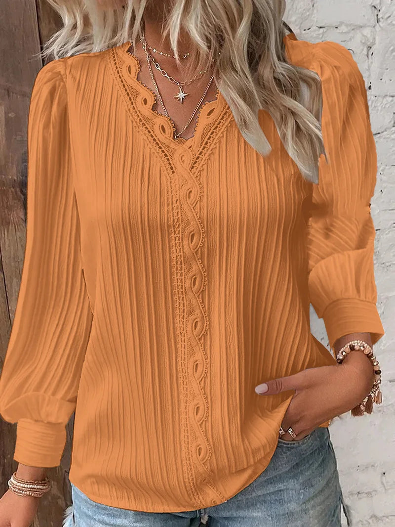 Weiße Damenblusen, Spitzennähte, V-Ausschnitt, schlichtes Chiffon-Hemd, Herbst-Langarm-Pullover, lockeres Oberteil, elegante Straßenbluse für Damen