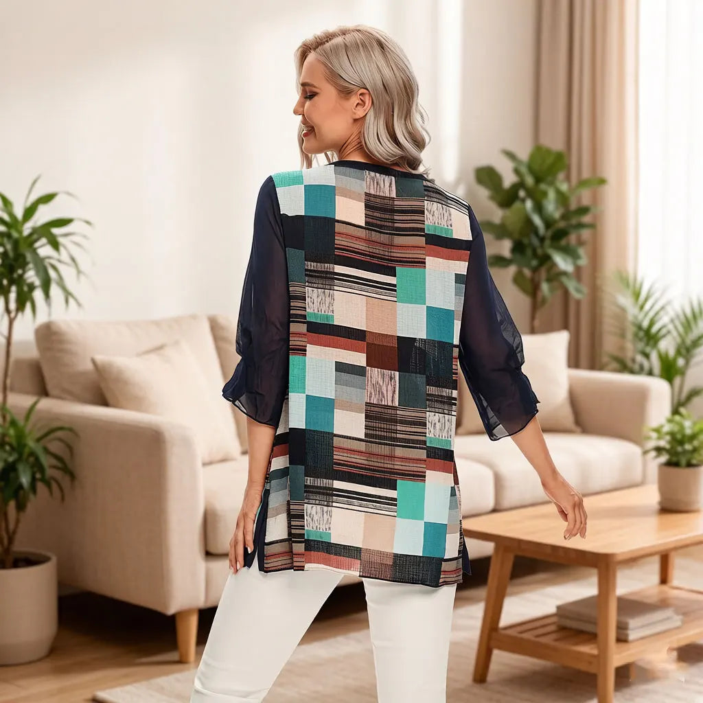 Damen-Bluse mit geometrischem Patchwork-Muster, Chiffon-Oberteil mit künstlerischem Druck und Netzärmeln, Rundhalsausschnitt, lässiges, locker sitzendes Sommerhemd