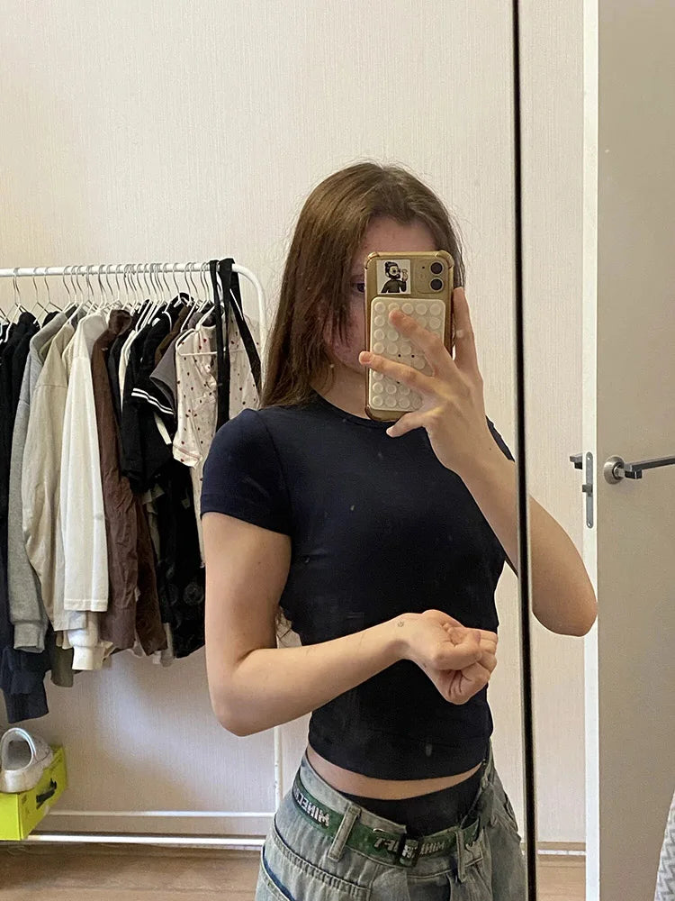 Damen Basic Solid Crop Top Kurzarm Rundhals Skinny T-Shirt Sommer Casual Y2K Vintage Harajuku Streetwear
