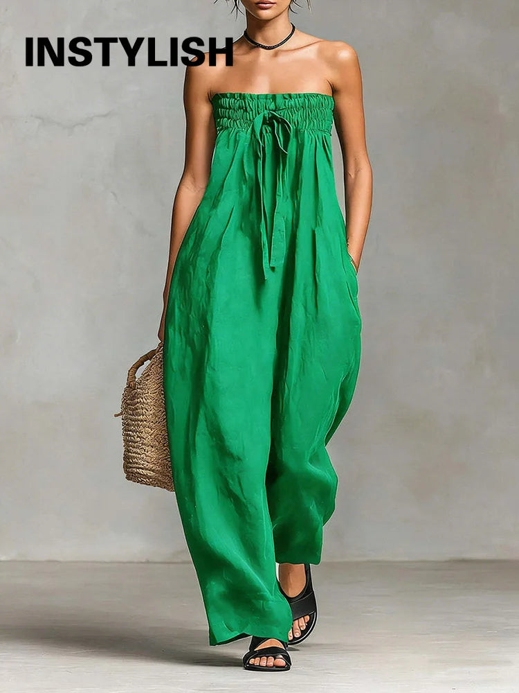 Damen Trägerloses Tube-Top Leinen-Jumpsuit mit Elastischem Gerafftem Oberteil, Sommerlicher Lässiger Ärmelloser Weiter Overall, Streetwear-Romper