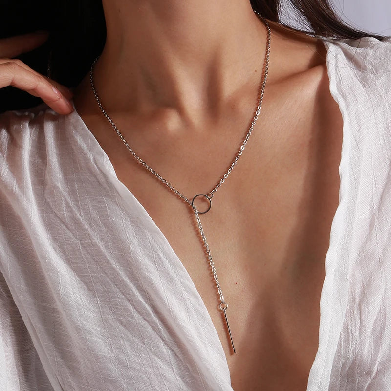 Aihua Minimalistische Halskette mit rundem Stab-Anhänger für Frauen, Schlüsselbein-Halskette, lange Kette, Modeschmuck, Statement-Geschenke für Mädchen