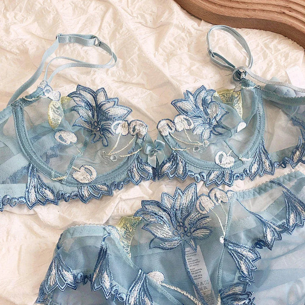 Eleganter Kirschblüten-Stickerei-Spitzen-Bügel-BH, ultradünn, Minimizer, stützend, Anti-Sagging, seitlich glättend für große Brüste, Größen 32-38, Set