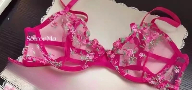 Französisches Blumen-BH-Set für Damen |   Süßes sexy transparentes Mesh-Spitze-Set, transparentes Unterwäsche-Set |   Praktisches und feminines MOYISU Sexy Höschen-Set