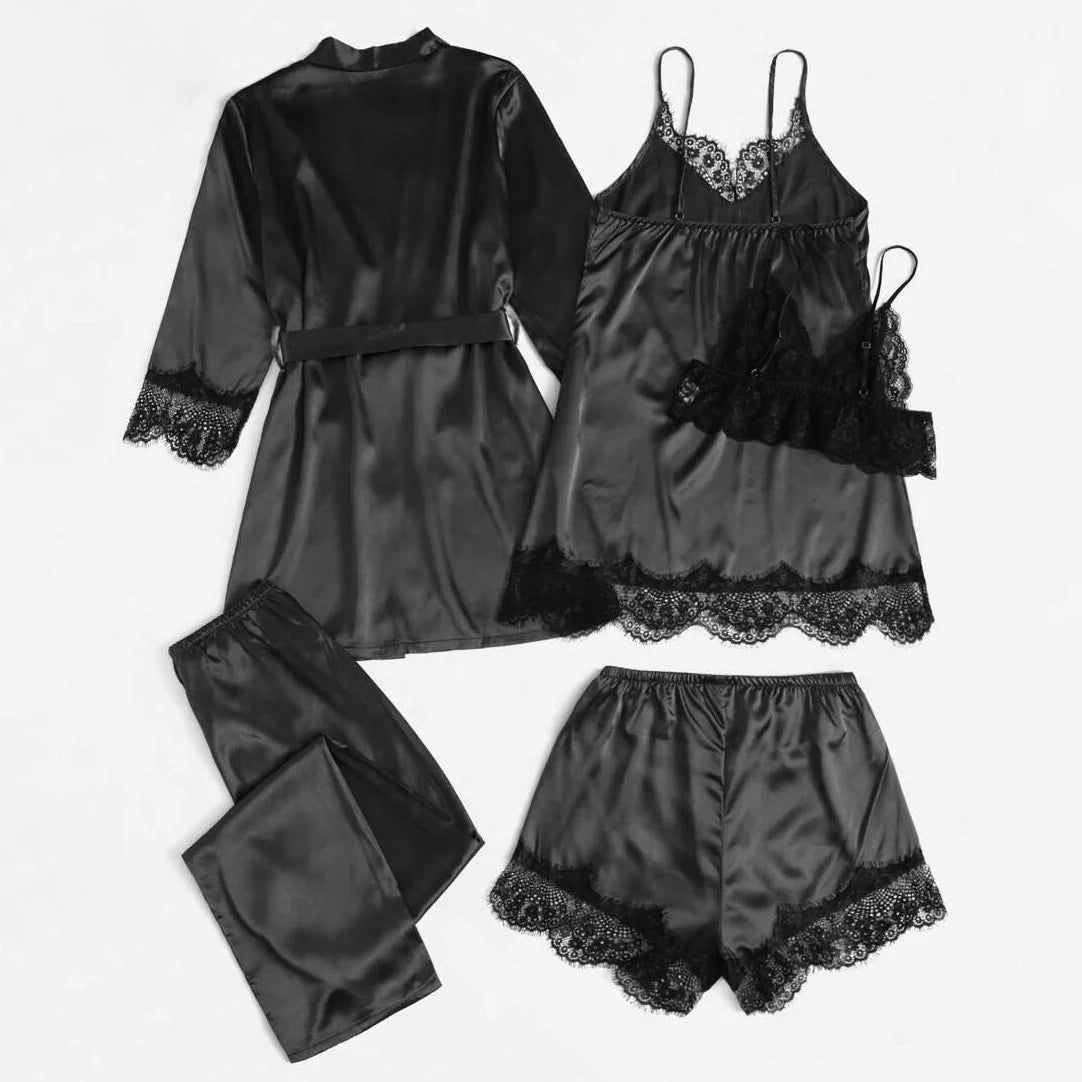 5-teiliges Damen-Nachtwäsche-Pyjama-Set aus Satin, Robe, sexy Dessous, Bademantel, Spitze, Seide, Nachtkleid, Hose, Heimkleidung, Nachtwäsche, PJ