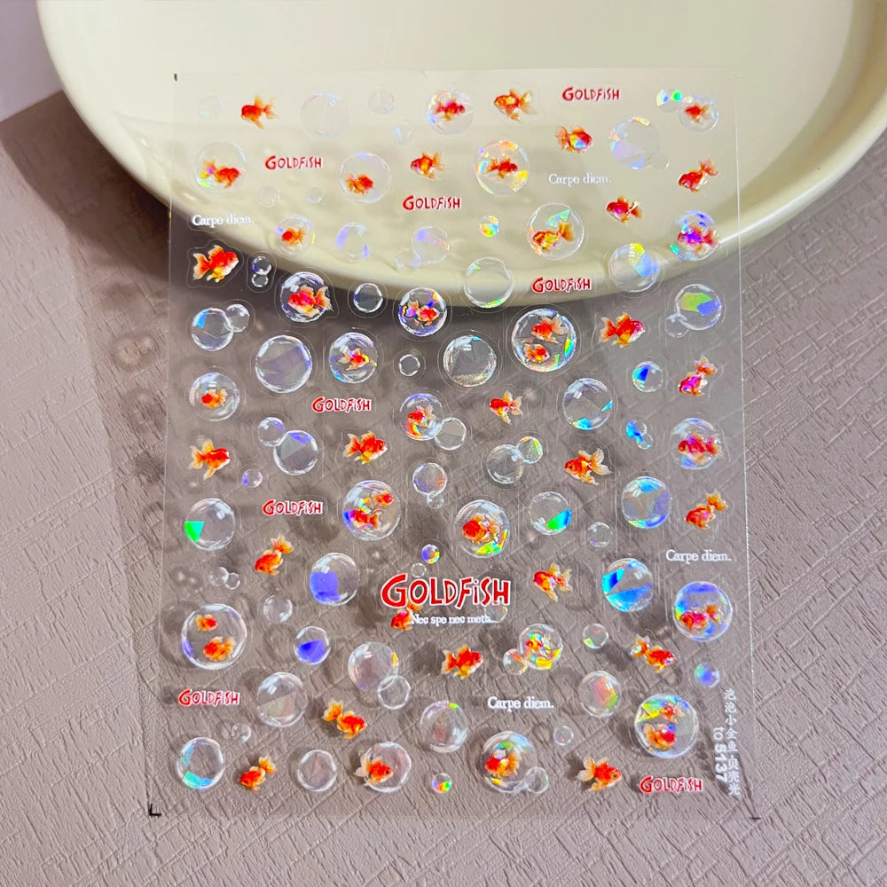 Bunte Blasen Laser Shattered Glass Effect Nail Art Aufkleber Regenbogen Bagful Goldfish 5D Aufkleber Selbstklebende Maniküre Sliders