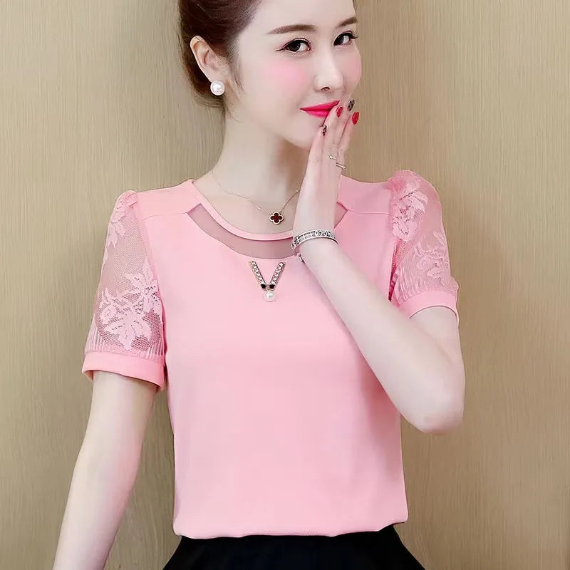 Damen Frühling Sommer Stil Chiffon Blusen Hemden Lady Casual Spitze Kurzarm O-Ausschnitt Blusas Tops
