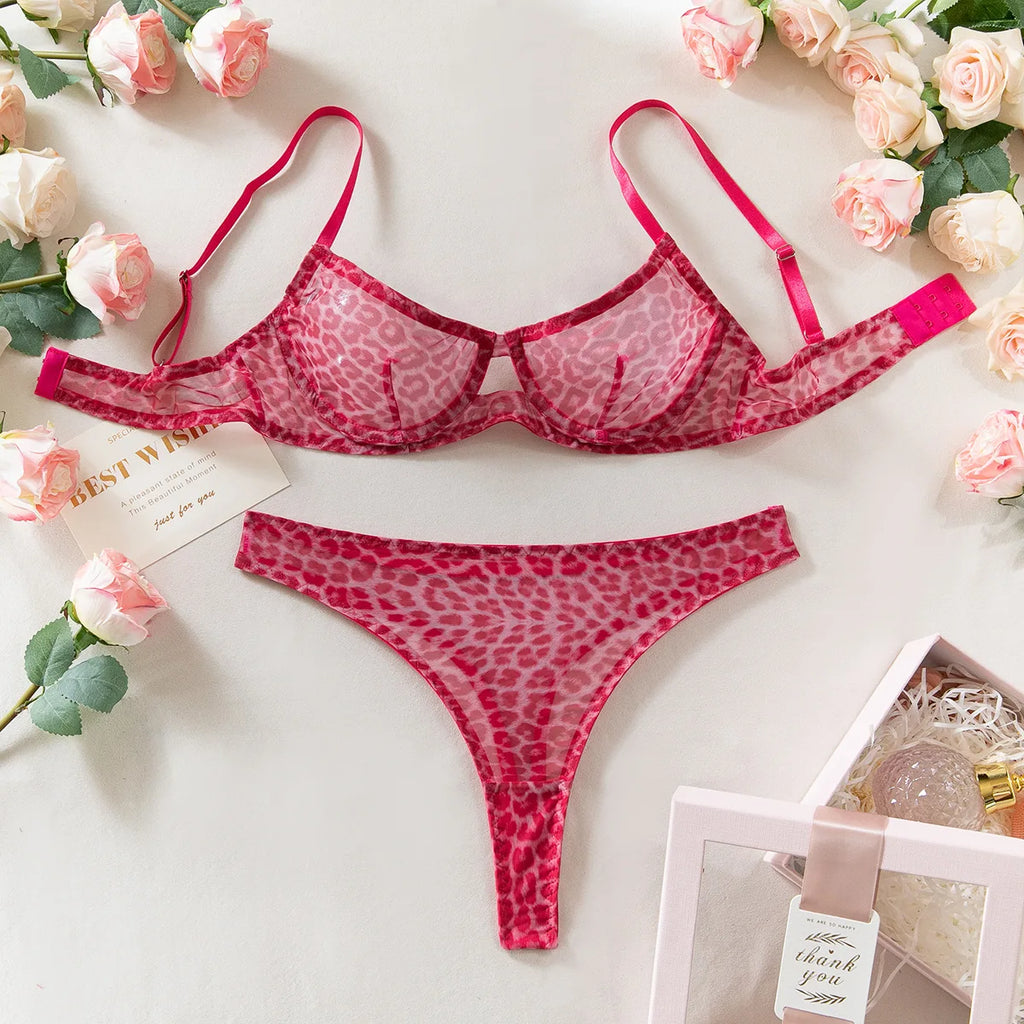 2 Pieces Sexy Leopard Print Transparent Underwire Bra Panty Set Women's Sexy Underwear Thin Seducing Mesh Printed Bralette