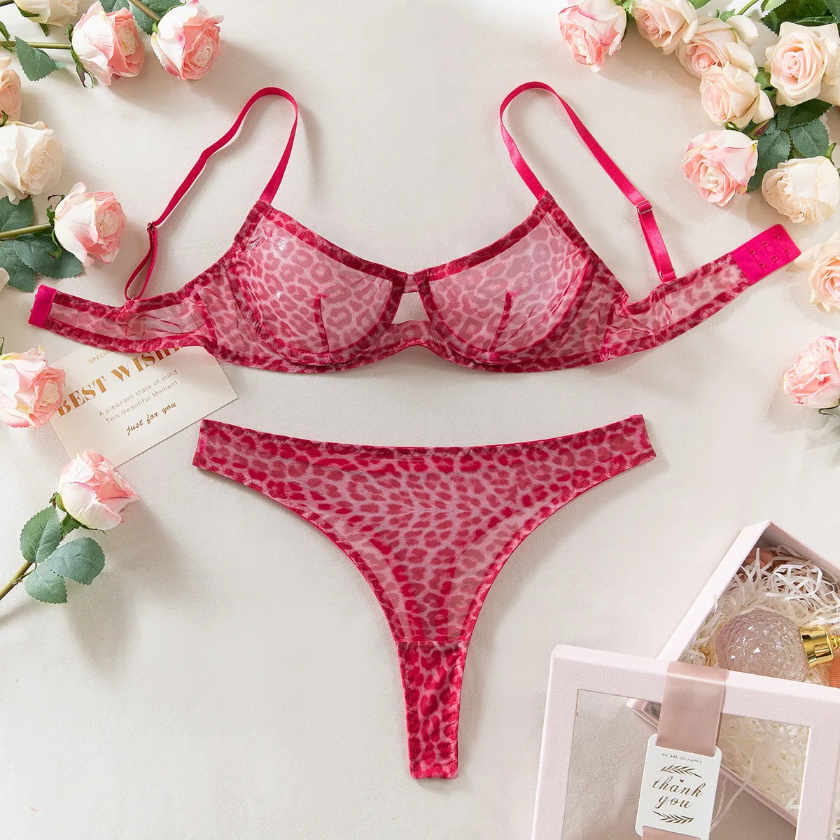 2 Pieces Sexy Leopard Print Transparent Underwire Bra Panty Set Women's Sexy Underwear Thin Seducing Mesh Printed Bralette