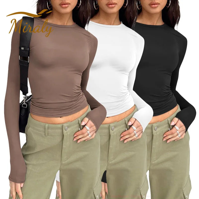 2024 Frühling Herbst Frauen y2k rosa T-Shirt kausal Langarm Crop Tops o Hals Pullover Basis T-Shirts Bodycon Slim Fit T-Shirt