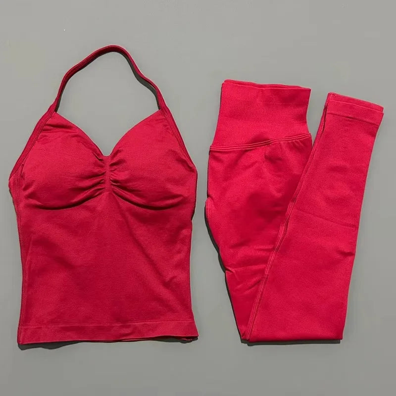HISTELLO Gym-Leggings-Set, 2-teilig, für Damen, Yoga, lang, mit Trägern, nahtlos, Fitness-Kleidung, Laufen, Workout, Sport-Tops, Outfit