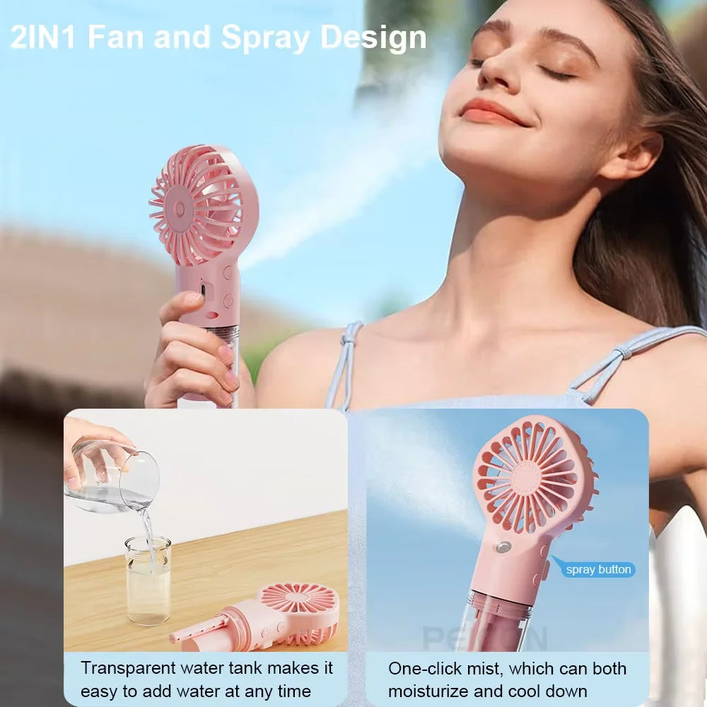 Tragbarer Handventilator - USB-aufladbarer Mini-Luftbefeuchter-Ventilator, geeignet für Reisen und den Außeneinsatz als Handventilator.