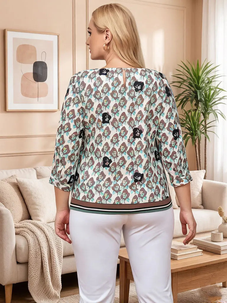 Damen-Bluse mit Blumenmuster, 3/4-Ärmel, Rundhalsausschnitt, lässiges, locker sitzendes Oberteil mit gestreiftem Saum, Sommer-Chiffon-Shirt