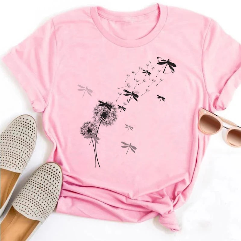 Neue Löwenzahn gedruckt Frauen T-Shirt Cartoon Grafik gedruckt schwarz Damen T-Shirt lässig Frau Shirt lustige T-Shirts