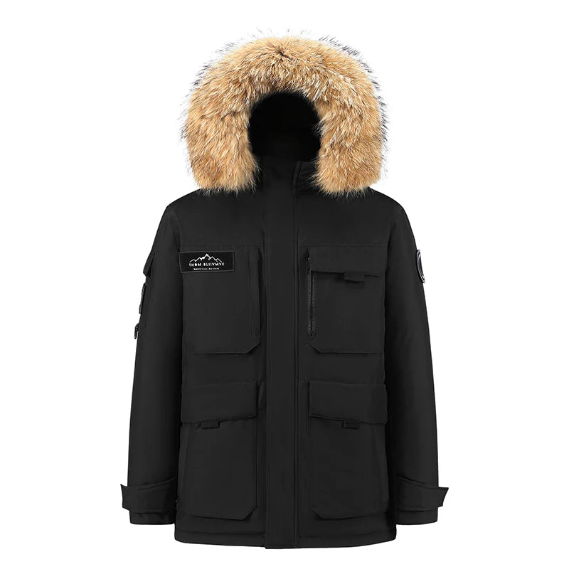-30 Grad Daunenparkas für Herren, winddicht, mit Kapuze, verdickt, mehrere Taschen, Daunenmantel, lässig, modisch, dick, warm, besticktes Design, Parka