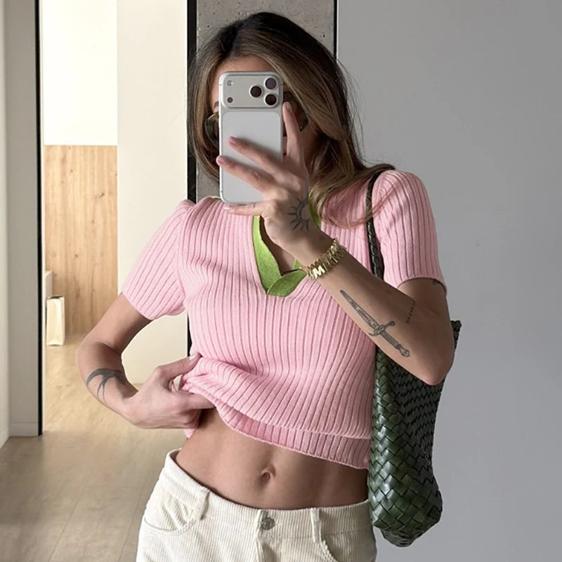 Gestricktes Kurzarm-T-Shirt für Damen mit Kontrastfarben, Schlankem Polokragen, Lässiger Pullover, Sommermode Damen Strick-T-Shirt 2026 Neu