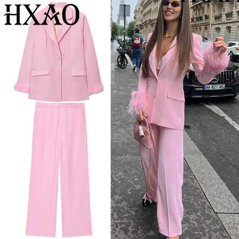HXAO Damenanzüge, Blazer und Hose, langärmelig, formelle Hosen-Sets, 2-teiliges Set, Büro, lässig, rosa Anzug, Blazer-Sets, zweiteilig