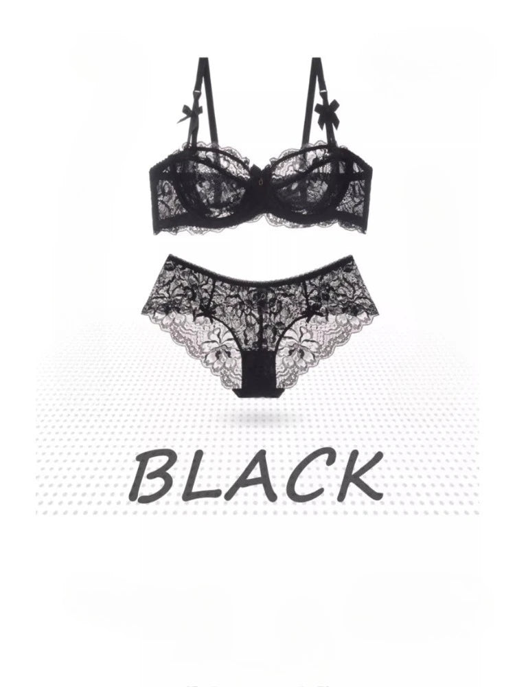 MOYISU Sommer-Dessous-Set, transparente französische Spitze, Minimiser-BH, Slip, ultradünn, sexy Damenunterwäsche, große Brust, sexy, zerknitter und Höschen