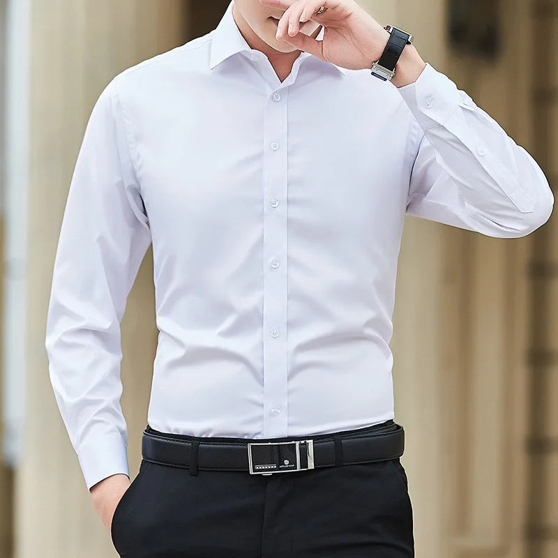Einfarbiges Business-Casual-Formelles Hemd für Herren. Modisches, klassisches, schlankes, einfarbiges Langarmhemd, kein Bügeln, soziale Qualität