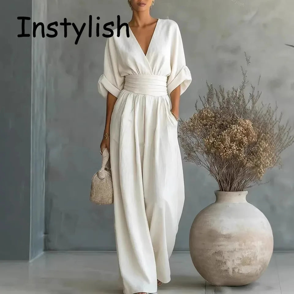 Elegante Damen-Jumpsuits mit hoher Taille, Sommer-Kurzarm-Overalls mit weitem Bein, lässige V-Ausschnitt-Jumpsuits in Unifarben, lockere Streetwear