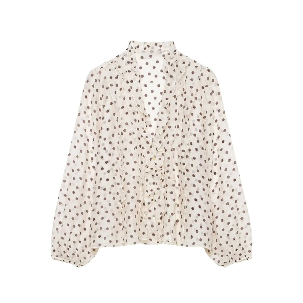 HH Damen Romantische V-Ausschnitt Polka Dot Bluse mit Puffärmeln, lässige einreihige elegante Party-Oberteile, Sommer Strand Urlaub Hemd