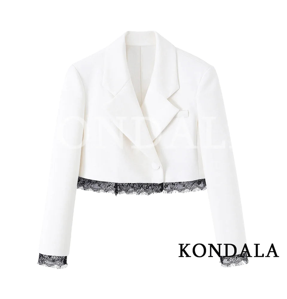 KONDALA Damen Trendiges Spitzen-Blazer-Set Schwarzer Kurzblazer mit Revers und Taschen Shorts Neue Mode 2026 Frühling Sommer Party Büro Damen-Set