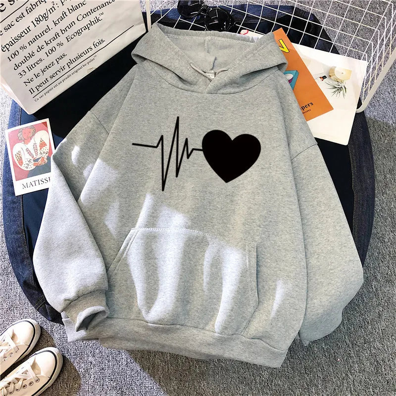 Bedruckter, locker sitzender Kapuzenpullover mit Taschen, Oversize-Winter-Kapuzenpullover für Damen, langärmelige Freizeitoberteile