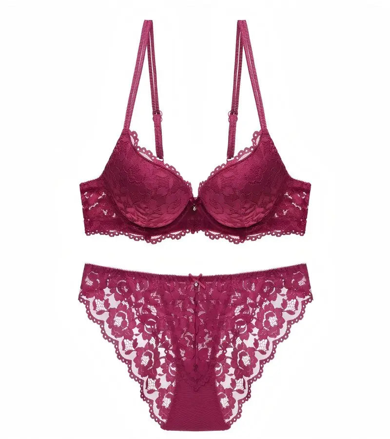 Sexy Spitzen-Blumen-Damenunterwäsche-Set mit Doppelträgern, Push-Up BH und Transparenten Sexy Slips