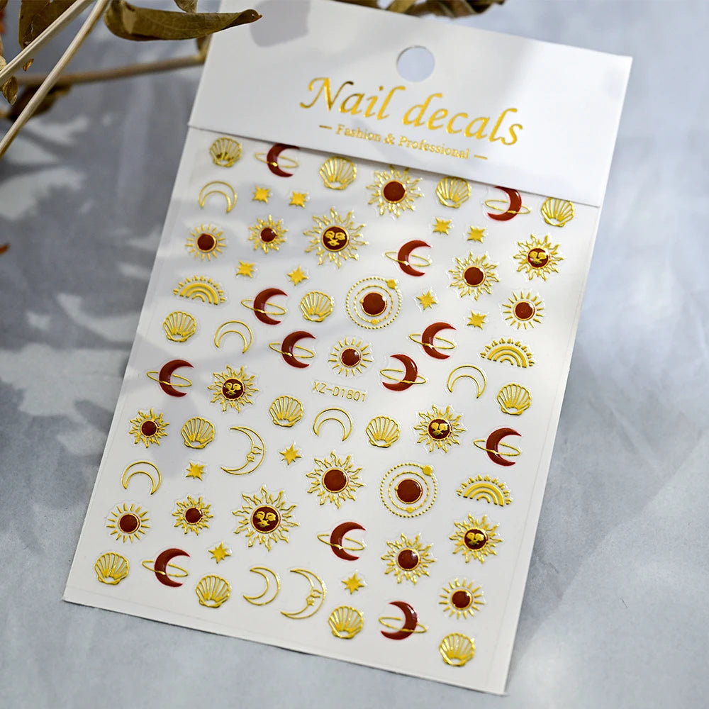 1 Blatt Smaragdgrün Gold Stern Mond Nagelaufkleber Bohemian Hot Stamping Metallic Nagelaufkleber Türkis Maniküre Sliders für Frauen