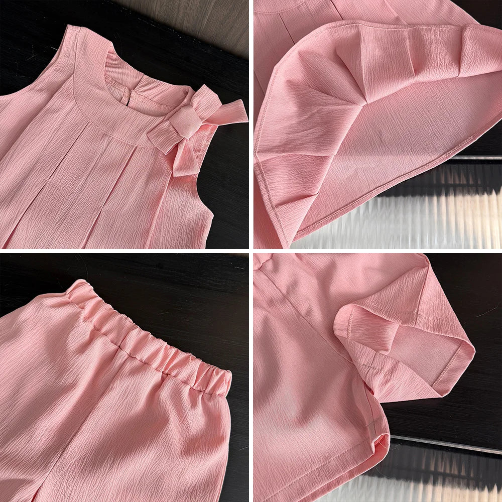 Bär Führer Süße Rosa Mädchen Kleidung Sommer Ärmellose Bogen Dekoration Plissee Weste + Shorts 2 Stück Olid Farbe Casual kinder Set
