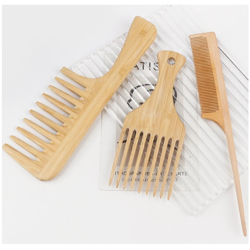 1Pcs Natürliche Bambus Holz Haar Kamm Anti-Statische Afro Gabel Kämme Für Frauen Runde Breite Zahn Holz Kamm haar Pinsel frauen