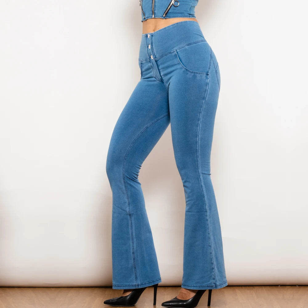 Shascullfites Melody Hellblaue, ausgestellte Lift-Jeggings, Button-Up-Jeans, formende Jeans für Damen, hohe Taille, Flare-Jeans