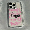 AMORE Rosa Text Silber Linsenrahmen Transparente Handyhülle für iPhone 17 16 11 12 13 14 15 Pro Max XS X XR 7 8 Plus 16E Air Cover