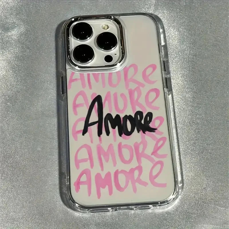 AMORE Rosa Text Silber Linsenrahmen Transparente Handyhülle für iPhone 17 16 11 12 13 14 15 Pro Max XS X XR 7 8 Plus 16E Air Cover