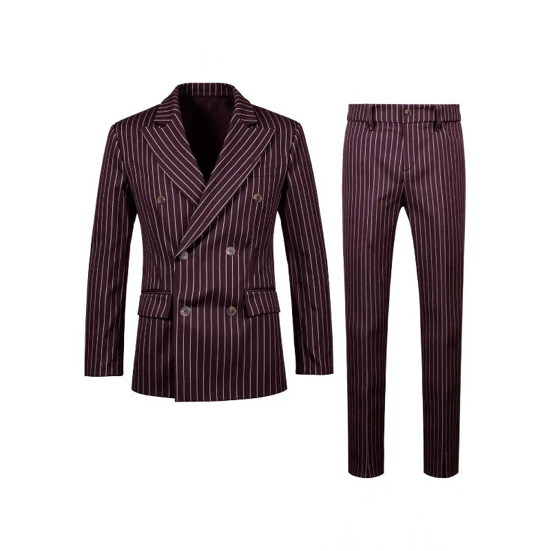 KIDWHXR Herren 2-teiliges Set Doppelreihiger Langarm-Blazer Gerade Geschnittene Hose Gestreifter Business-Hochzeits-Party-Anzug