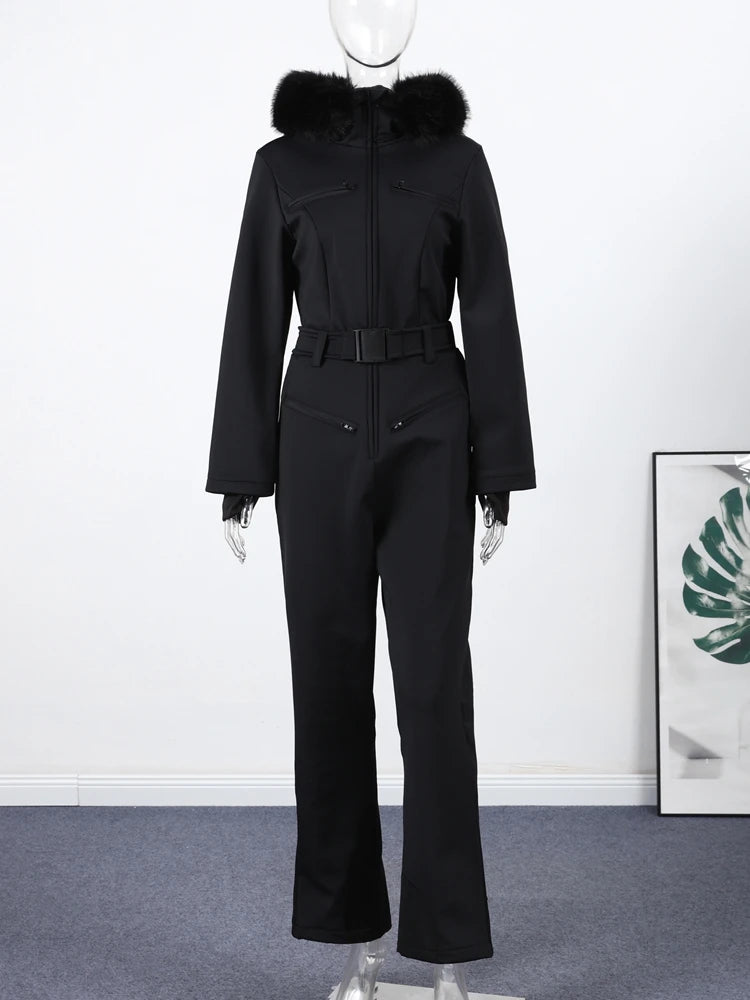 Damen-Skioveralls mit Kapuze, Kunstfell-Patchwork, Reißverschlusstaschen und Gürtel, Hochgeschnittener Einteiler, Wintermode 2026, Schwarzer Romper
