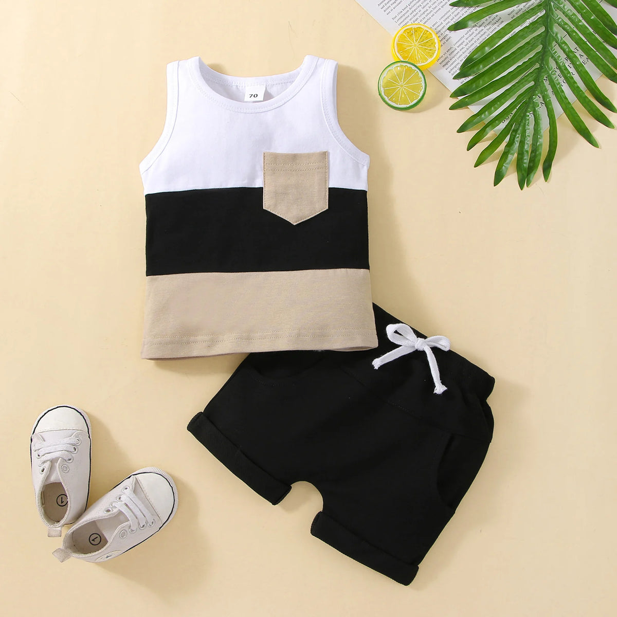 Infant Baby Jungen 2PCS Hosen Anzug, Sleeveless Patchwork Crew Tank Tees + Weiß Straps Kurze Hosen, kleinkind Jungen Casual Outfit