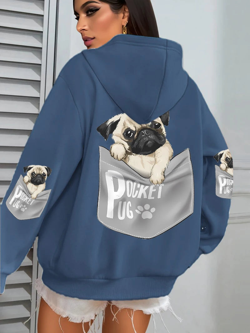 Tasche Mops Hoodies Frauen Cartoons hund Drucke Mit Kapuze Lose Taschen Sweatshirts Winter Fleece Warme Tops Straße Schwarz Frau Kleidung
