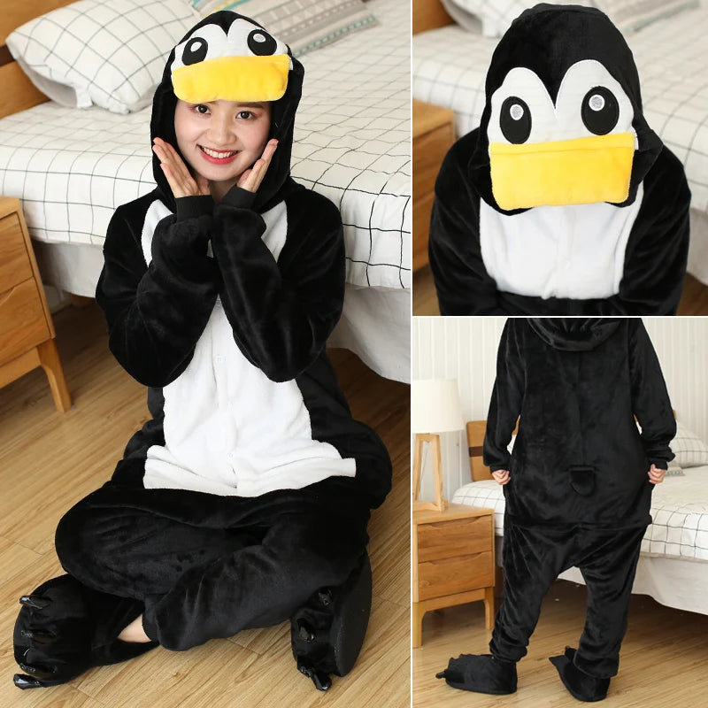 Frauen Cartoon Onesies Tier Pyjamas Kigurumi Schwarz Pinguin Onesie Für Erwachsene Langarm Pyjamas Halloween Cosplay Kostüme