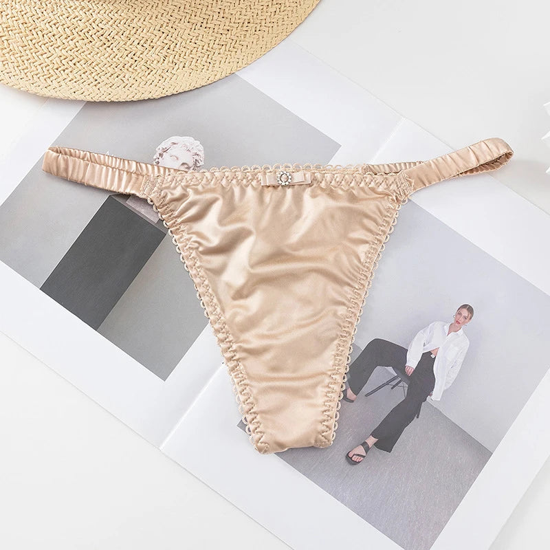 Dünner Gürtel-Slip mit Schleife für Damen und Mädchen, Sportunterwäsche, Tanga, niedrige Taille, nahtlos, weiche Satin-Slips, Damen-Dessous