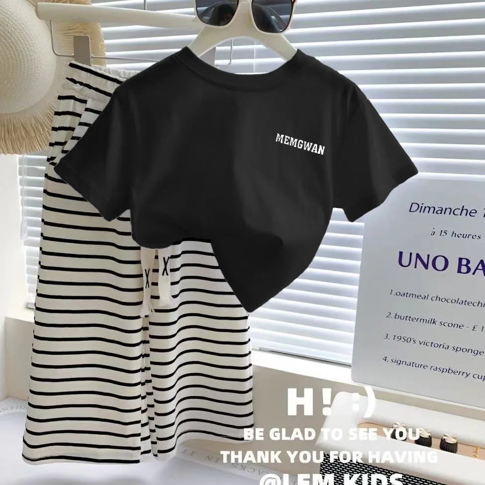 1-8 Jahre Sommer Mädchen Kleidung Set bequeme Brief T-Shirt Streifen locker sitzende Hose 2 Stück Anzug für Kinder Kinder Outfit
