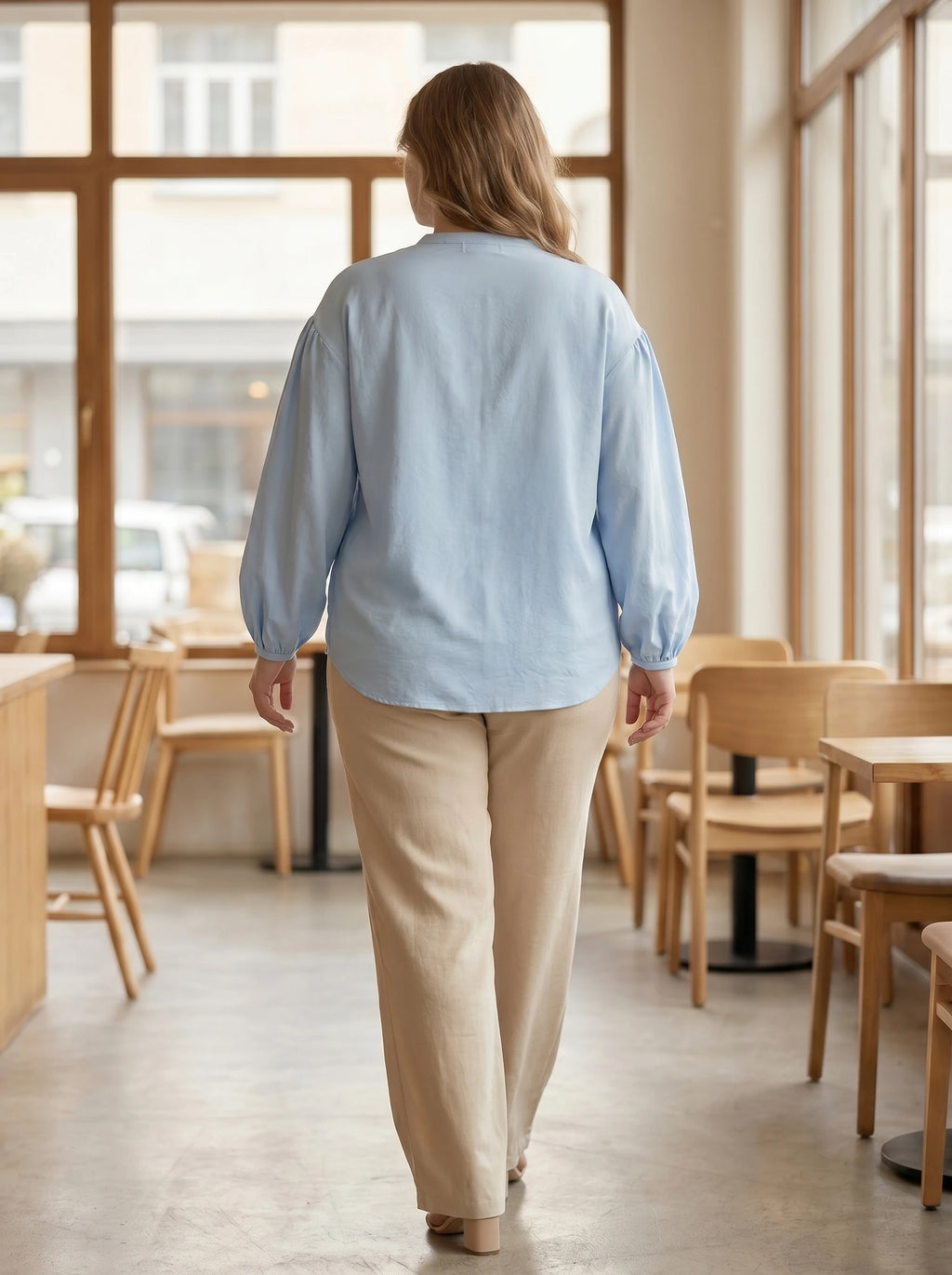Rosa fera Plus Size Damen-Freizeitbluse mit V-Ausschnitt, langen Puffärmeln und lockerem Knopfverschluss