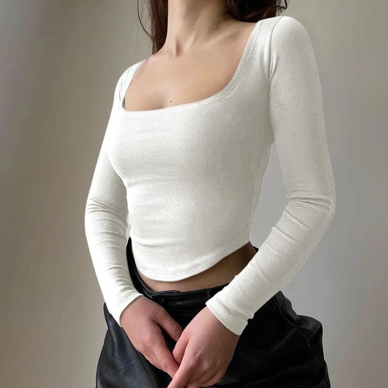 Quadrat Kragen Langarm Casual Frauen T Shirts Grün Herbst Dünne Sexy Solide Grund Crop Tops Mode Streetwear