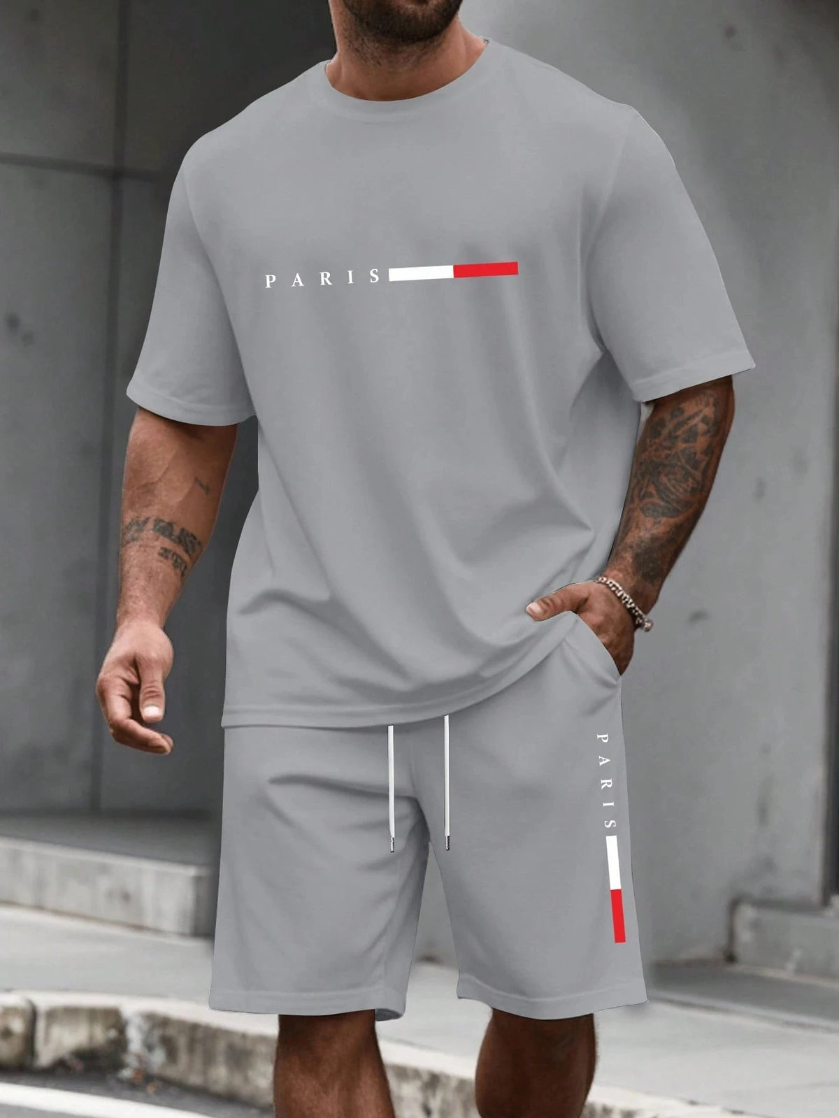 Paris-Buchstaben-Print Herren Frühling und Sommer Zweiteiler Set Lässiger Rundhals Kurzarm T-Shirt Shorts Sportanzug Bedruckte Kleidung