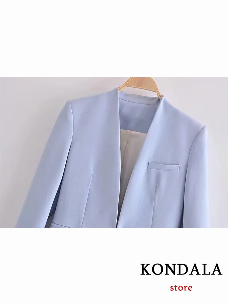 KONDALA Büro Dame Hellblau Blazer Anzüge Frauen 2 Stück V-ausschnitt Lose Jacken + Hohe Taille Schärpen Hosen Mode 2023 herbst Sets