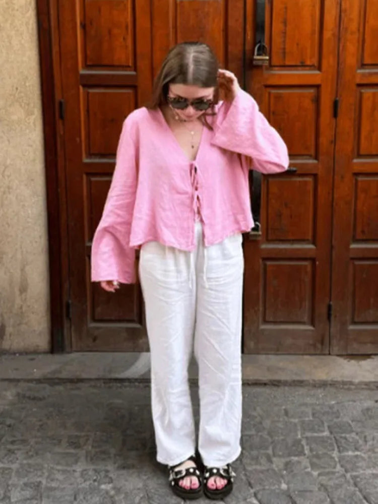 Sommer Weiße Bluse mit V-ausschnitt für Frauen Elegante Lose Lange Hülse Spitze-Up Hemd Casual Chic Street Style Einfarbig dame Top