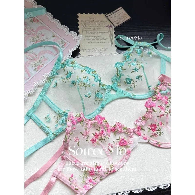 Kawaii japanisches Dessous-Set aus transparentem Tüll, rosa Blumenstickerei-BH, Bralette, reines passendes Set, BANERDANNI Tushy-BHs