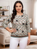 Damen-Bluse mit Blumenmuster, 3/4-Ärmel, Rundhalsausschnitt, lässiges, locker sitzendes Oberteil mit gestreiftem Saum, Sommer-Chiffon-Shirt