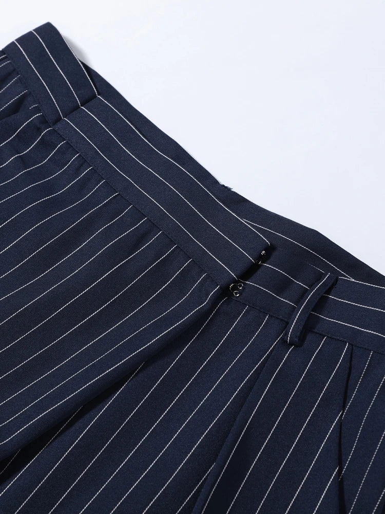 2026 Büro-Anzug mit Streifenmuster, Gürtel, Revers, Langarm-Einreiher-Mantel und Taschen, Weite Hose für Frühling und Herbst, Damen-Pendler-Outfit